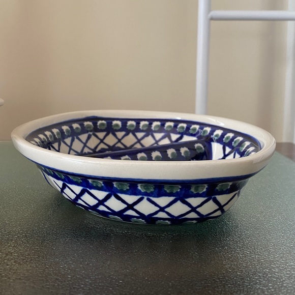 Bolesawiec Polish Pottery Lattice Peacock Octagon Bowl & Divided Dish Set - Picture 4 of 9